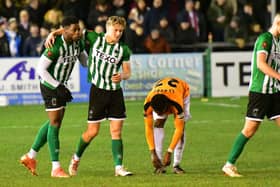 Former South Shields striker JJ Hooper celebrates after scoring a late goal in Blyth Spartans win against his former club (photo Kevin Wilson)