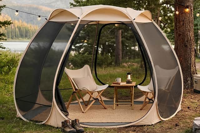 The foldable screened gazebo can be used for camping trips, festivals and garden entertaining, offering shade and protection from insects while maintaining airflow.
