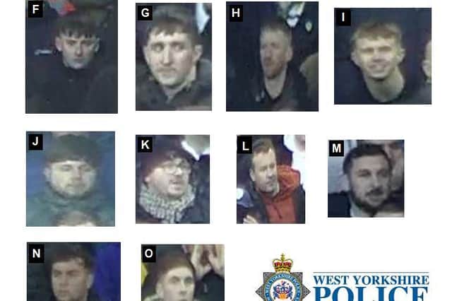 Police want to identify these Leeds United fans after objects were thrown at Manchester United players during a match. Photo: West Yorkshire Police.