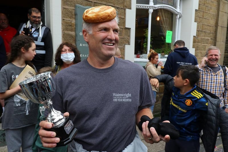 A man celebrated his win with a Yorkshire pudding crown on his head.