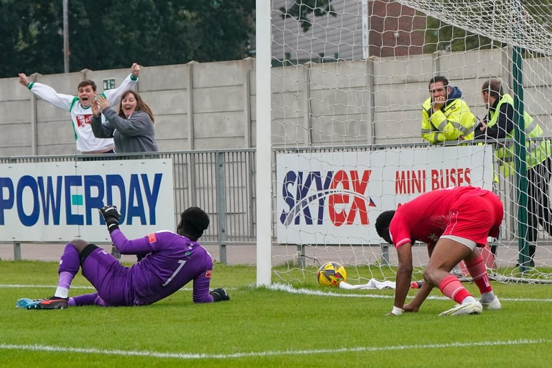 Action from the Rocks' 4-3 defeat at Hayes in the FA Cup first qualifying round / Pictures: Lyn Phillips and Trev Staff