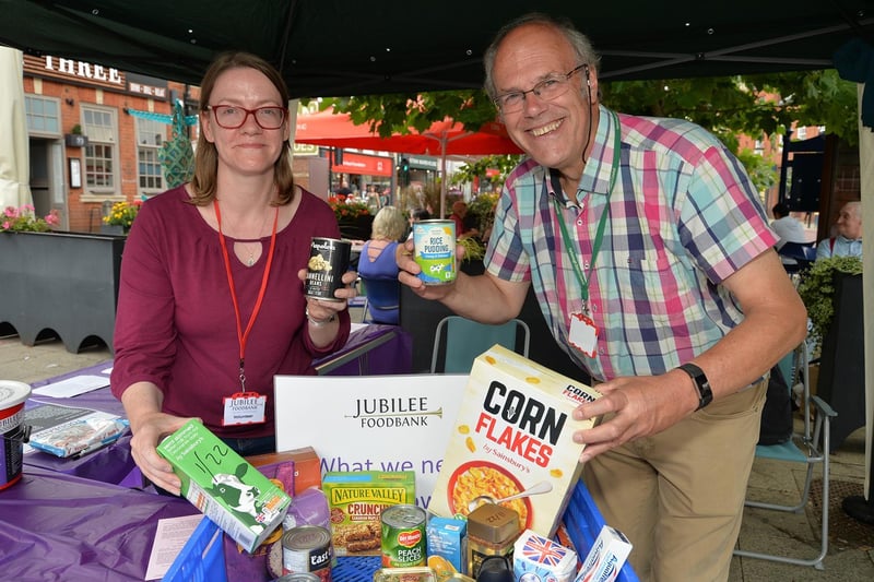 Liz Mills MBE and chairperson with Richard Underwood volunteer at Jubilee Foodbank.