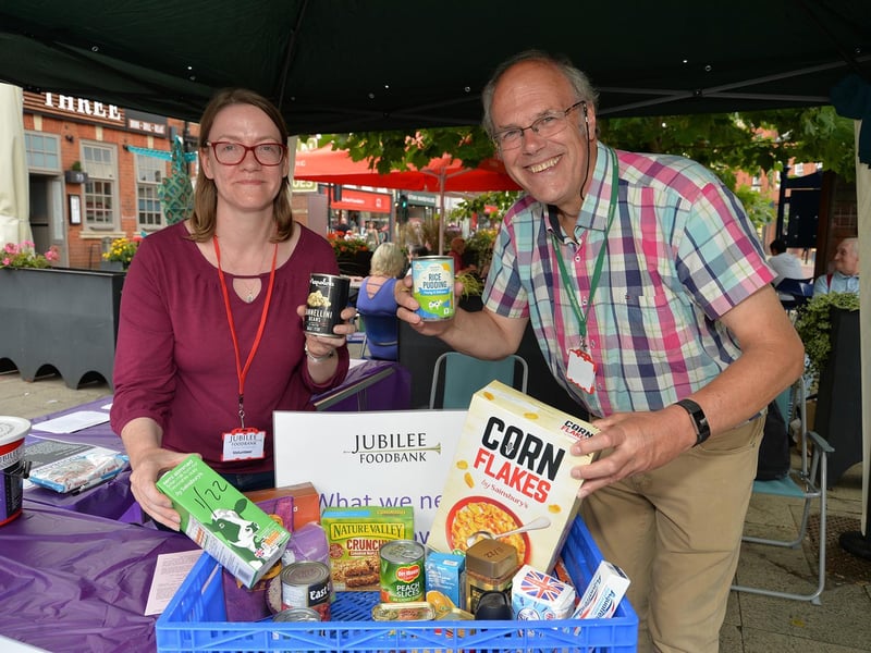 Liz Mills MBE and chairperson with Richard Underwood volunteer at Jubilee Foodbank.