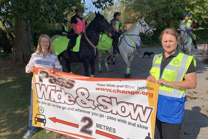 Sussex Police and Crime Commissioner Katy Bourne with Equine Ranger Emma Bullock at the Pass Wide and Slow event in Ditchling.