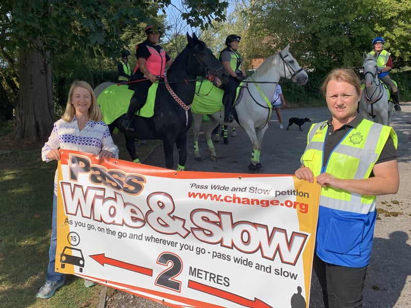 Sussex Police and Crime Commissioner Katy Bourne with Equine Ranger Emma Bullock at the Pass Wide and Slow event in Ditchling.