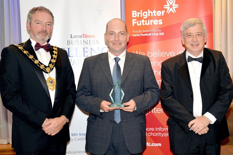 The prize for Best Start-Up Business was won by Naggy Burn Garden Centre. The award was collected by Nathaniel Dickson, second from left. Also included from left are, Mayor of Mid and East Antrim Council, Councillor William McCaughey and David Gillespie, general manager from category sponsor, LEDCOM. INLT37-236.