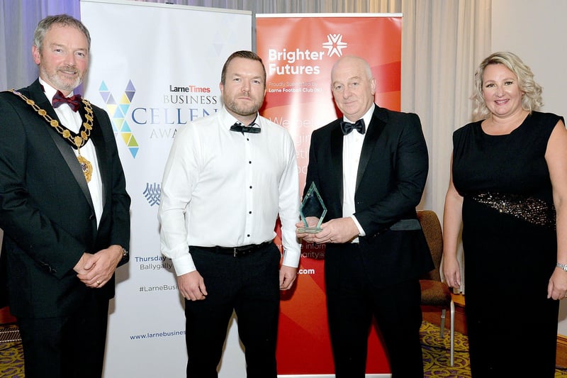 Winner of the Best Community or Social Initiative Award was Access Employment Ltd. The award was accepted by David Hunter, second from right. Also included are from left, Mayor of Mid and East Antrim  Council, Councillor William McCaughey, John Boyce from category sponsor, RES Group, and Andrena O'Prey, JPI Media advertising manager. INLT37-226.