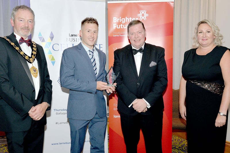 The winner of the Excellence in Health & Wellbeing Award was Just Active Gym with the trophy being collected by Andrew Falconer, second from left. Also Included are from left, Mayor of Mid and East Antrim  Council, Councillor William McCaughey, Gareth Clements, Club Chairman, Larne Football Club from category sponsor, Brighter Futures, and Andrena O'Prey, JPI Media advertising manager. INLT37-228.