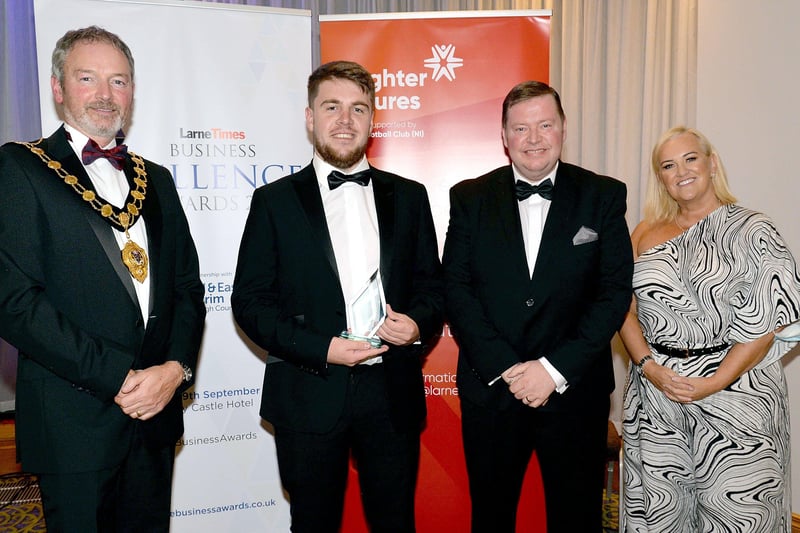The prize for Best Digital Initiative & Use of Social Media was won by Larne Football Club with the award being accepted by Dean Huston and Gareth Quinn, centre.  
Also included are Mayor of Mid and East Antrim Council, Councillor William McCaughey and Lisa Irvine, account manager, Larne Times. INLT37-232.