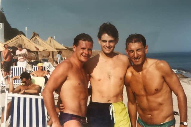 On the beach in Sardinia - Paul Gascoigne, Mark Robson, Terry Butcher.