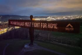 Shelter launched a campaign to tackle the North East's "housing emergency" by shining messages onto the Angel of the North. Photo: Shelter.