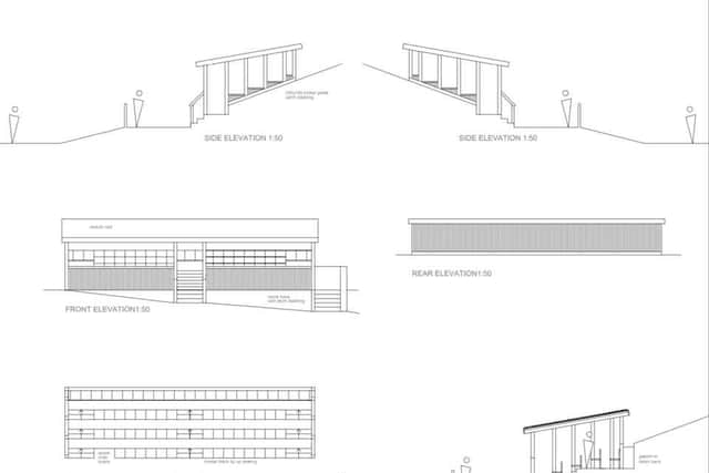 Drawings of proposed covered seating at Rothbury Football Club.