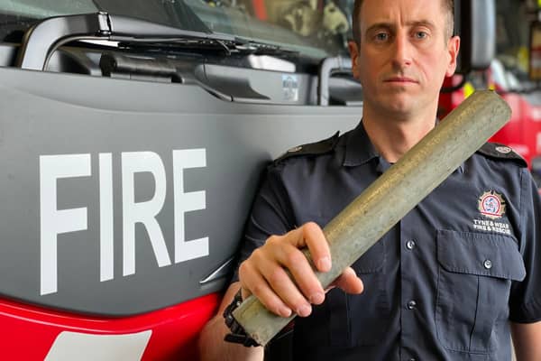 Watch Manager Graeme MacDonald holding a 12” metal scaffolding bar like the one thrown at the appliance.