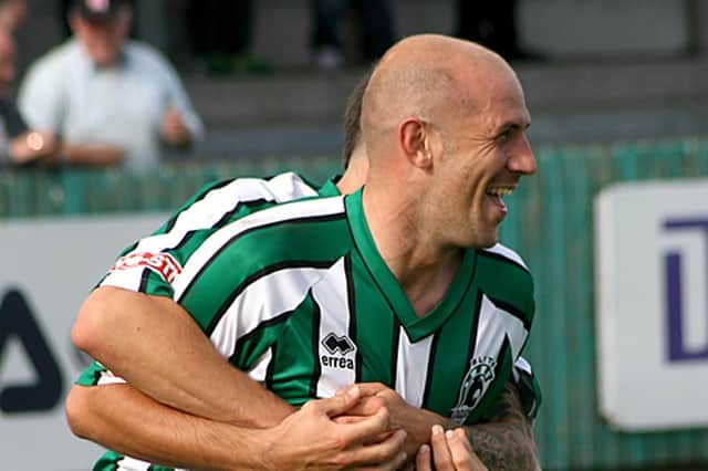 Craig Farrell after scoring for Blyth Spartans. Photo by Bill Broadley