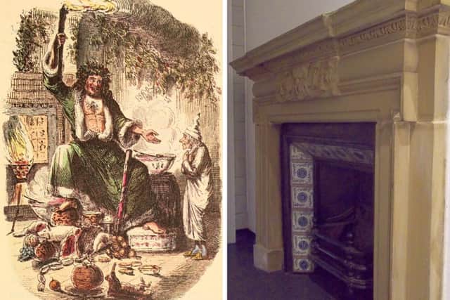 Scrooge’s dream – lots of of meat, but no turkey to be seen – and a fireplace in the Town Hall, in the Mechanics’ Institute Library.