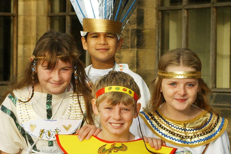 Jordan Ullah, Hannah Firth, Gemma Gibson and Sam Avery all set for the Eqyptian Day at Duke's Middle School, Alnwick, in October 2003.