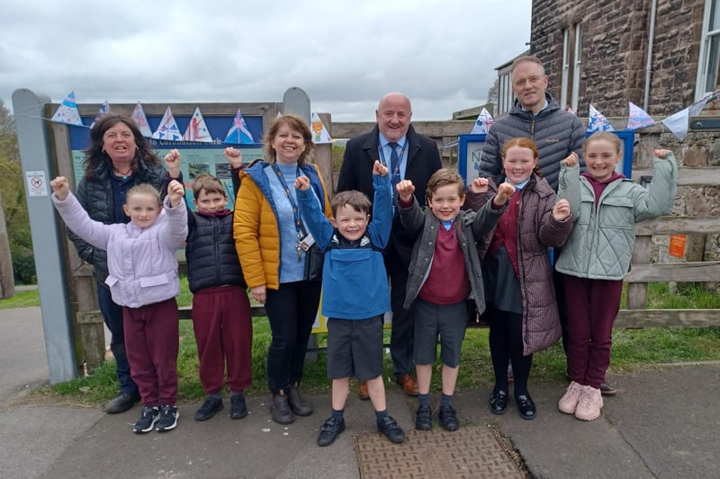 Park officer Kate Dixon, Coun Catherine Seymour, Bob Hodgson from Northumberland County Council and head teacher Nick Shaw with Holy Trinity pupils.