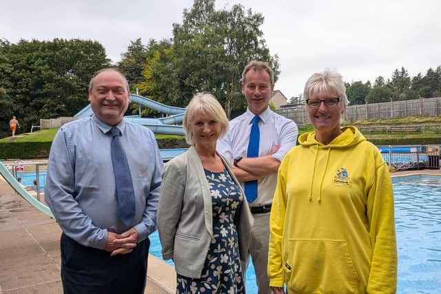 Coun Alan Sharp, Coun Rachel Mathieson, Coun Richard Wearmouth and centre manager Maxine Wilson at Haltwhistle Swimming Pool. Photo: Northumberland County Council.