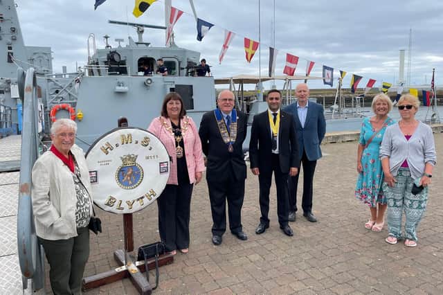 Coun Kath Nisbet, Mayor Margaret Richardson, Peter Malone, President of the Blyth Rotary Club, Junior Vice Shad Saleem, Town Clerk Joe Hughes, Claire Young, Chair of Blyth Community Volunteers and Astrid Adams, Secretary of Friends of Blyth Tall Ships.