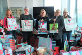 From left to right, council employees Gaynor Pringle, Ruth Humphreys, and Tracy Brannan, with Sharon Herron and Abi Johnson from The Keel Row. Donations from the Christmas Angel Appeal were dropped off this week.