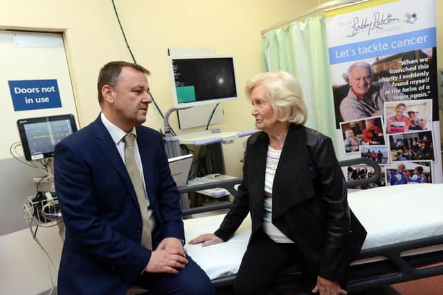 Professor Colin Rees (Professor of Gastroenterology) with Lady Elsie Robson discussing a ground breaking bowel cancer research project funded by the Sir Bobby Robson Foundation.