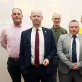 The North East Mayoral candidates. From left, Guy Renner-Thompson, Jamie Driscoll, Andrew Gray, Paul Donaghy, Aidan King and Kim McGuinness. Photo: NCJ Media.