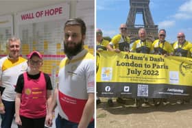 (Left to right) David, Oliver and Adam at the Wall of Hope at Imperial College in December 2018. The Adam’s dash team at the Eiffel Tower in Paris after completing their ride, July 2022. (Photos submitted by Brain Tumour Research).