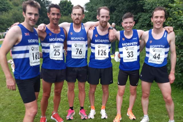Morpeth Harriers all smiles after the Sunderland 5k, with fifth place Ross Floyd far right next to young Joe Dixon.