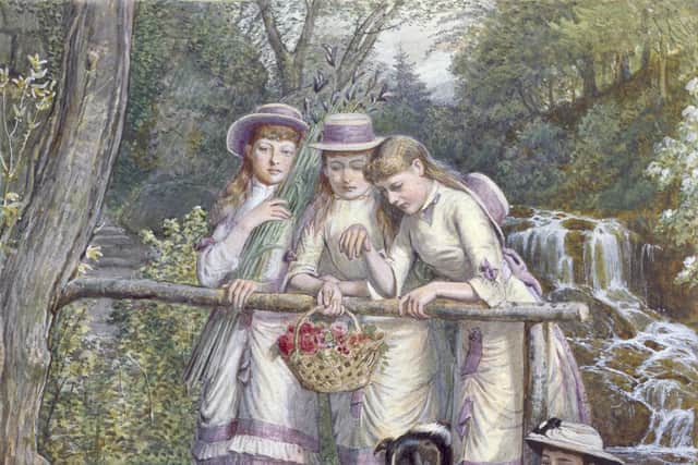 A painting of Princesses Louise, Victoria and Maud stood on a timber bridge in the Gorge with another girl and Silkie the dog.