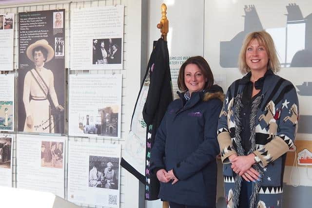 Karen Larkin and Claire Watson-Armstrong from Bamburgh Castle at the Norah Balls exhibition.