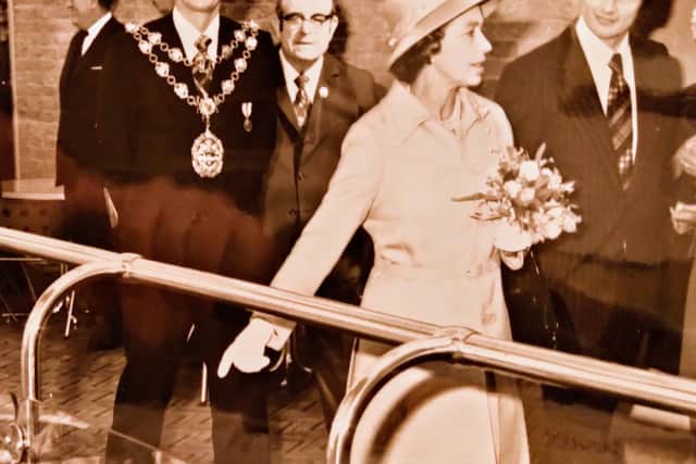 Mike Fulford (right) shows the Queen around Concordia Leisure Centre in July 1977, joined by Cllr Chandler, Mayor of Blyth Valley, and Cllr Gilbert Barker, Chair of Recreation.