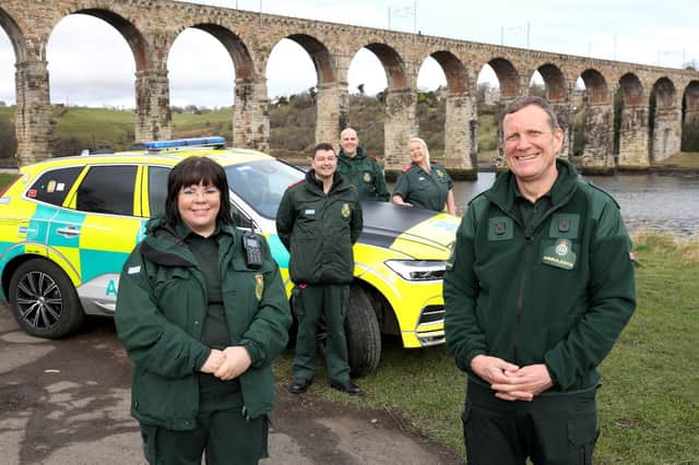 Berwick community paramedics Paul Mills, Wayne McKay and Julie Cowell with Ruth Corbett (clinical operations manager for NEAS in north Northumberland) and Paul Liversidge.