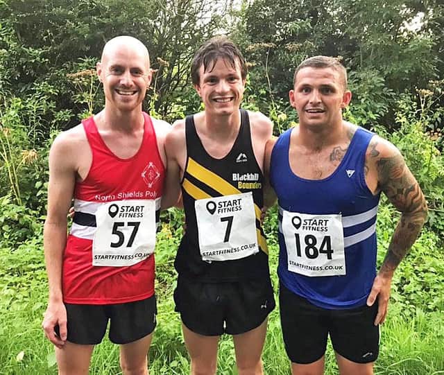 The first three men in the 2019 Bellway Morpeth 10k (left to right) David Green, Jordan Bell and Karl Taylor.