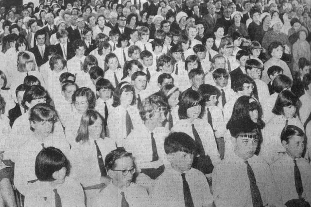Pupils at the official opening of Thomlinson's Church of England Secondary School in Rothbury in June 1965.