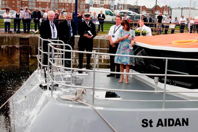 The Duchess of Northumberland at the launch of NIFCA patrol vessel St Aidan.