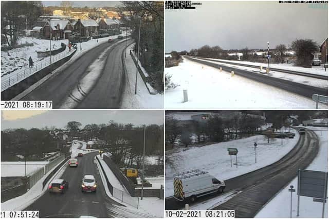 Images from the @NELiveTraffic network showing the snowfall on Castle Bank in Morpeth, top left, on the A1 at Haggerston on the top right, the A1167 in Berwick, bottom left, and the A1086 and A1 junction in Alnwick, bottom right.