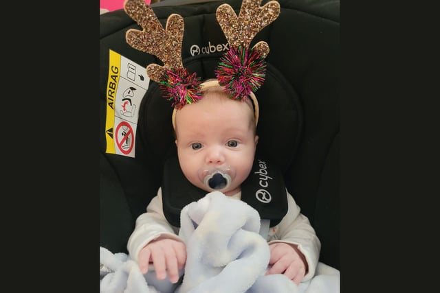 Arlo James Proctor, age 4 months, makes a very good reindeer.