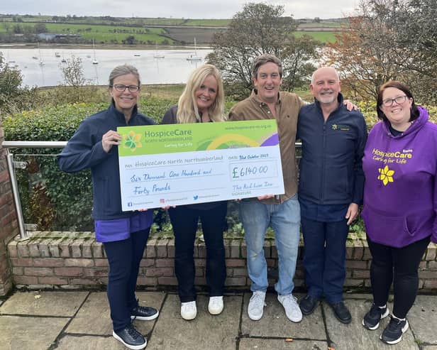 Michael Taylor, HospiceCare family member with Ben and Georgie McHugh, of The Red Lion Inn with Emma Arthur, Sarah Morey and Stuart Cable of HospiceCare.