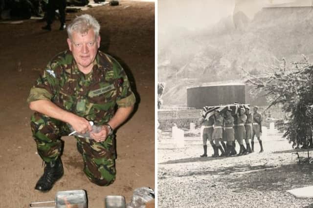 Canon Alan Hughes self catering when serving with The Parachute Regiment and aged 18 in the centre of those carrying one of the coffins of five Coldstream Guards comrades killed in Yemen 1965.