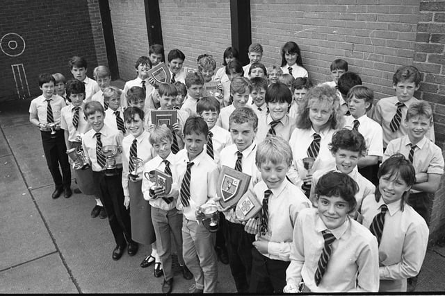 Prize winners from Lindisfarne Middle School in Alnwick, in July 1987.