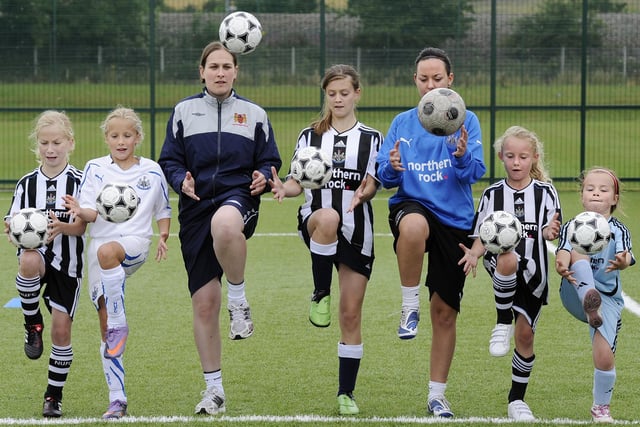 Enjoying a training day with the Newcastle United Football Foundation at Longhoughton in 2010 are (from left) Ashley Grisdale, Samantha Brierley, Nicola Hepworth from Northumberland FA, Emma Davison, Amber Whiteley from the Foundation, Ebony Nicol and Robyn Inglis.