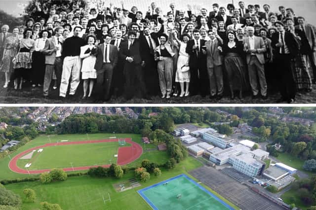 A King Edward VI School reunion picture from the late 1980s and an aerial view of the school site.