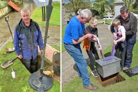 Left, the hole was dug by Chris Taylor, of Taylor Garden Services. Right, he and Craig Nesbit lowered the box into the hole with two school children.