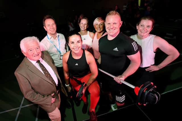Coun Jeff Watson, county council cabinet member for promoting healthy lives, Mark Warnes, Leona Petch from Les Mills and members of the Active Northumberland fitness team.