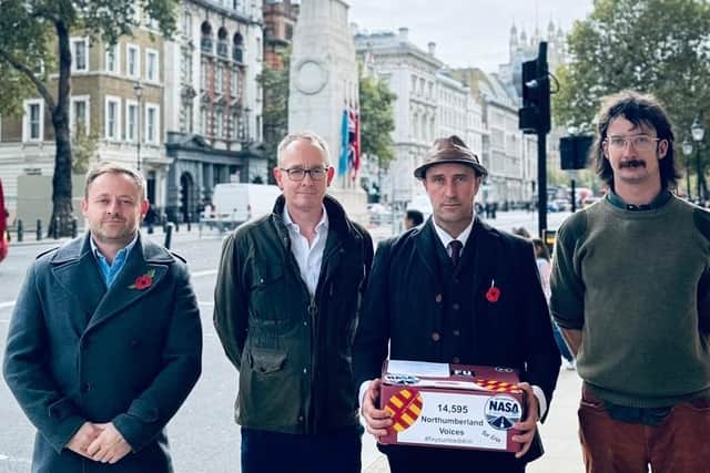 Richard Shell, John Lamont MP, Kezz Petronelli-Stone, and Scott Fairnington delivering an A1 dualling petition to Downing Street.