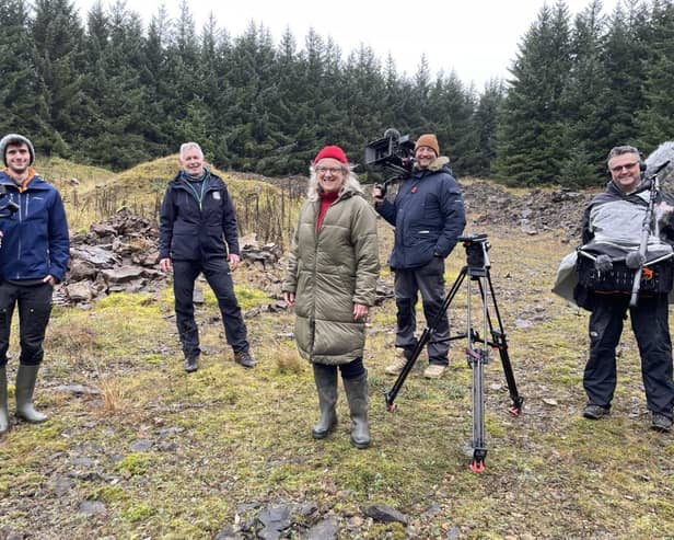 Countryfile presenter Charlotte Smith, centre, with Northumberland Wildlife Trust's Ian Jackson, second left, and film crew. Credit: Ian Jackson