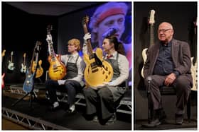 Mark Knopfler (right) spoke at an exhibition of the instruments ahead of the auction. (Photo by Christie's Images)