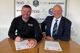Texo’s Alan Conway, Divisional Director, signs a 3 year Main/ Shirt Sponsors deal with Blyth Spartans Vice Chairman Kevin Scott.