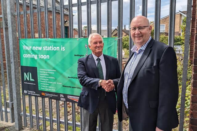 Council leader Glen Sanderson with Pieter Esbach from Morgan Sindall outside the old Bedlington Station. (Photo by NCC)
