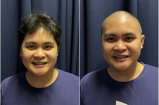 John Paul Noel Hofilena before and after the head shave for charity.